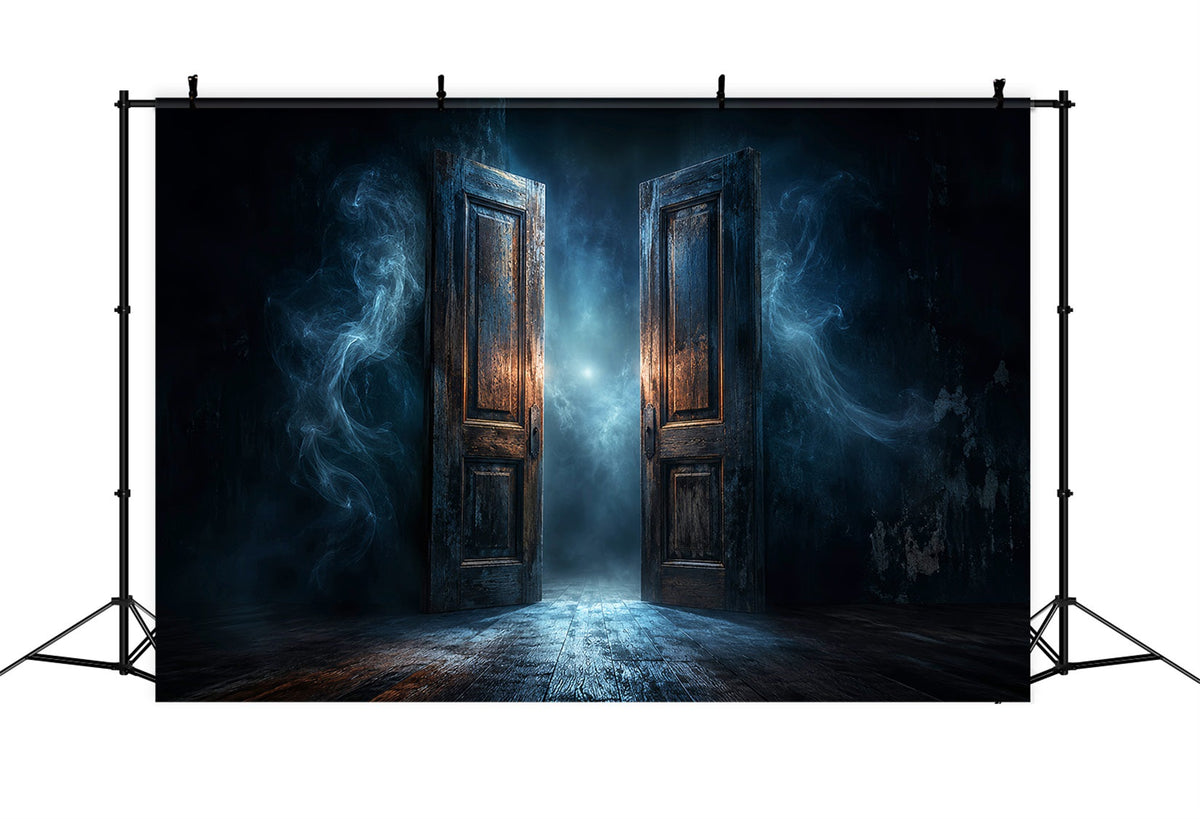 Gruselige Halloween-FotohintergründeNebelverhangene Offene Geistertür Fröhlicher Halloween-Hintergrund LXX67-104