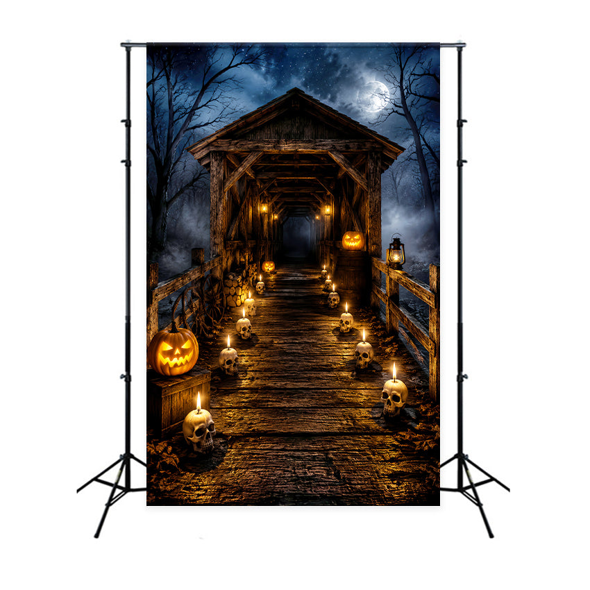 Halloween-Fotohintergrund Für Draußen Totenkopf Mit Kerzen Überdachte Brücke LXX67-11