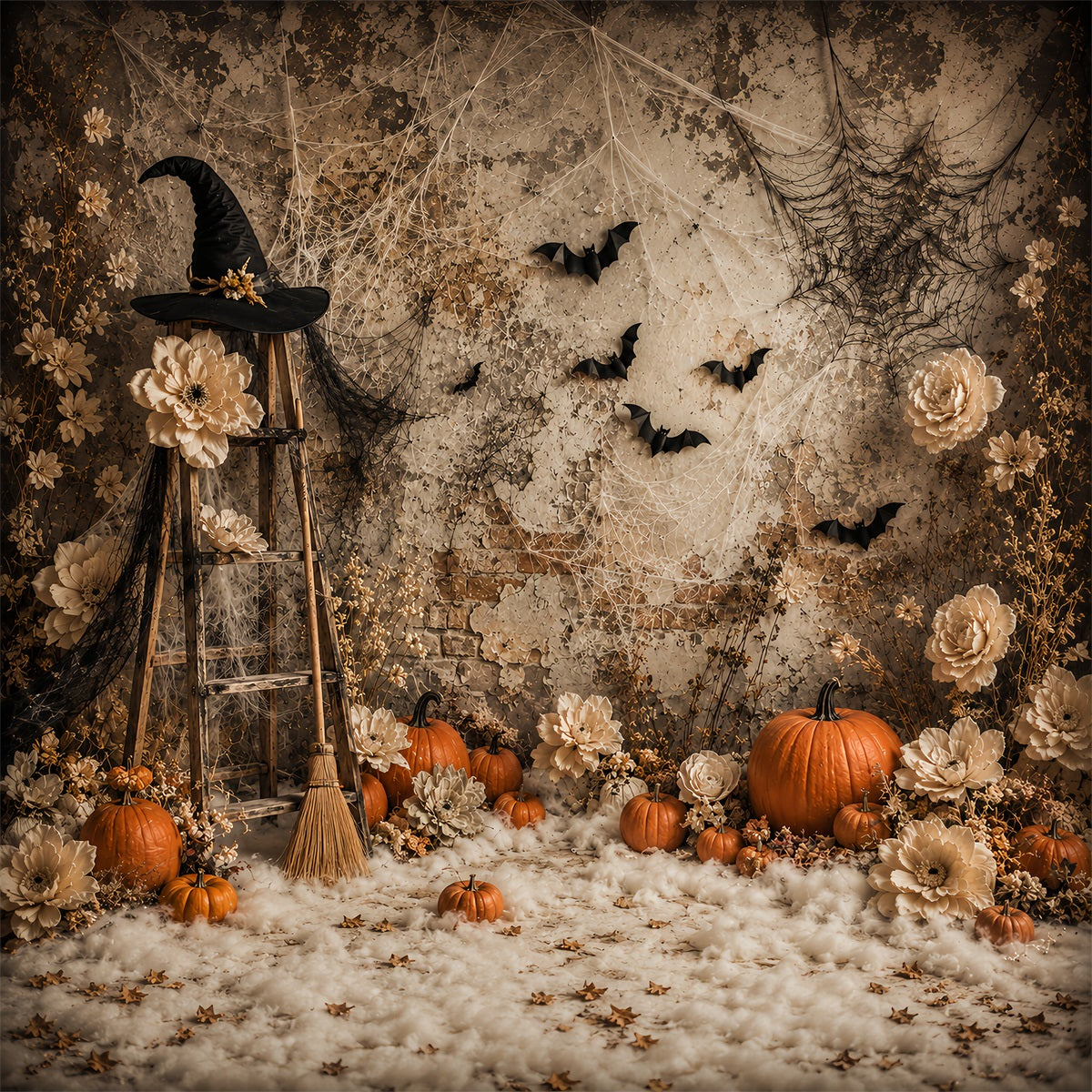 Halloween-Kürbis-Hintergrund Boho-Hexe Blumenkürbisse Halloween-Fotohintergrund-Ideen LXX67-119