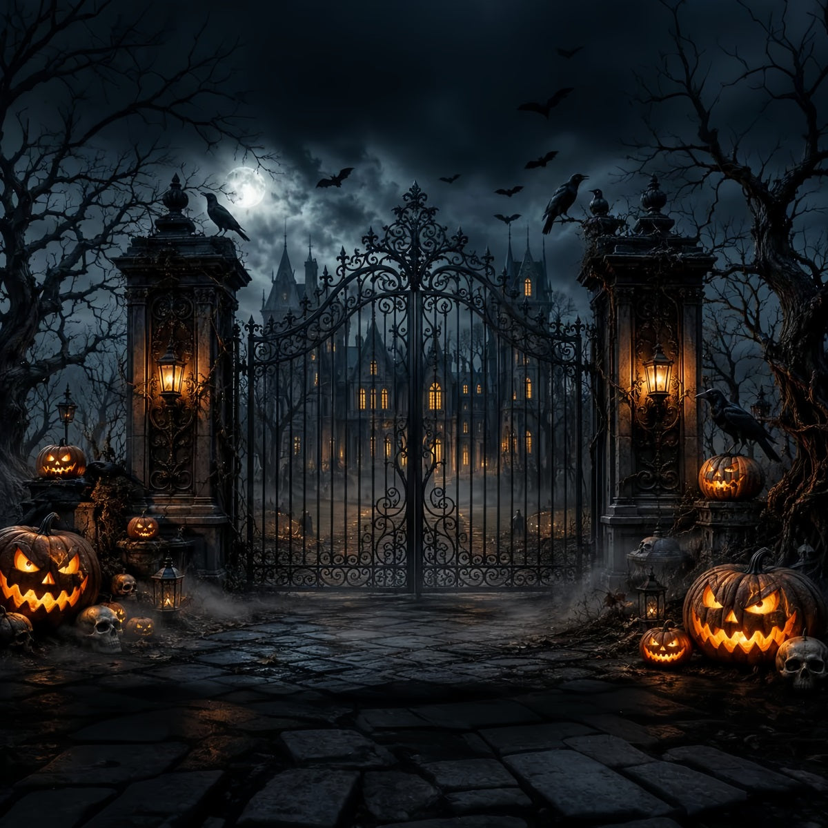 Halloween-Fotohintergrund Im AußenbereichGotisches Herrenhaus Mit Kürbistor LXX67-121