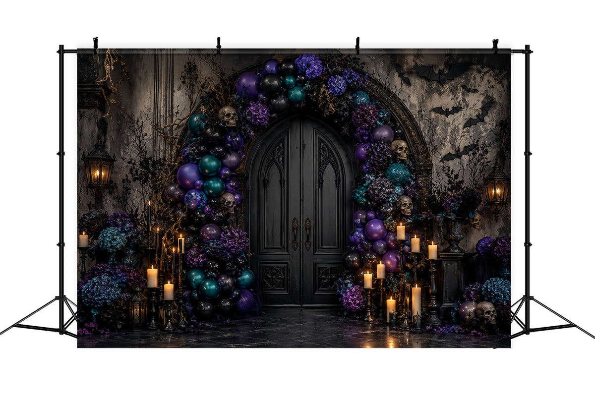 Halloween-Ballon-Hintergrund Totenkopf-Tür Blumenbogen Halloween-Themen-Hintergrund LXX67-139