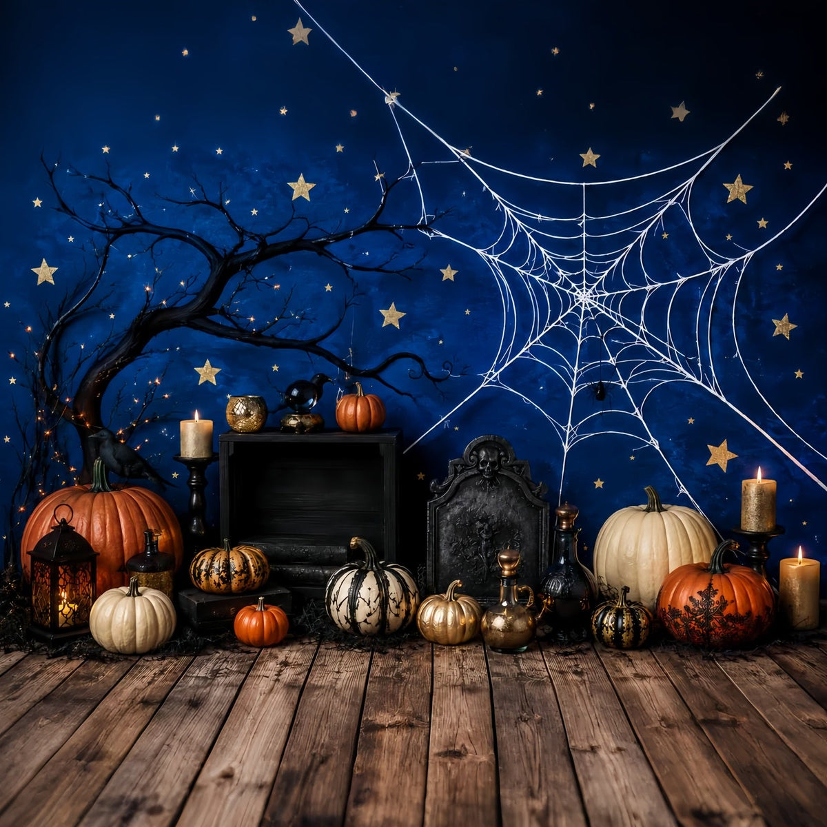 Diy Halloween Fotokabinen-Hintergrund Spinnennetz Kürbis Kerzenständer Halloween-Hintergrund LXX67-150