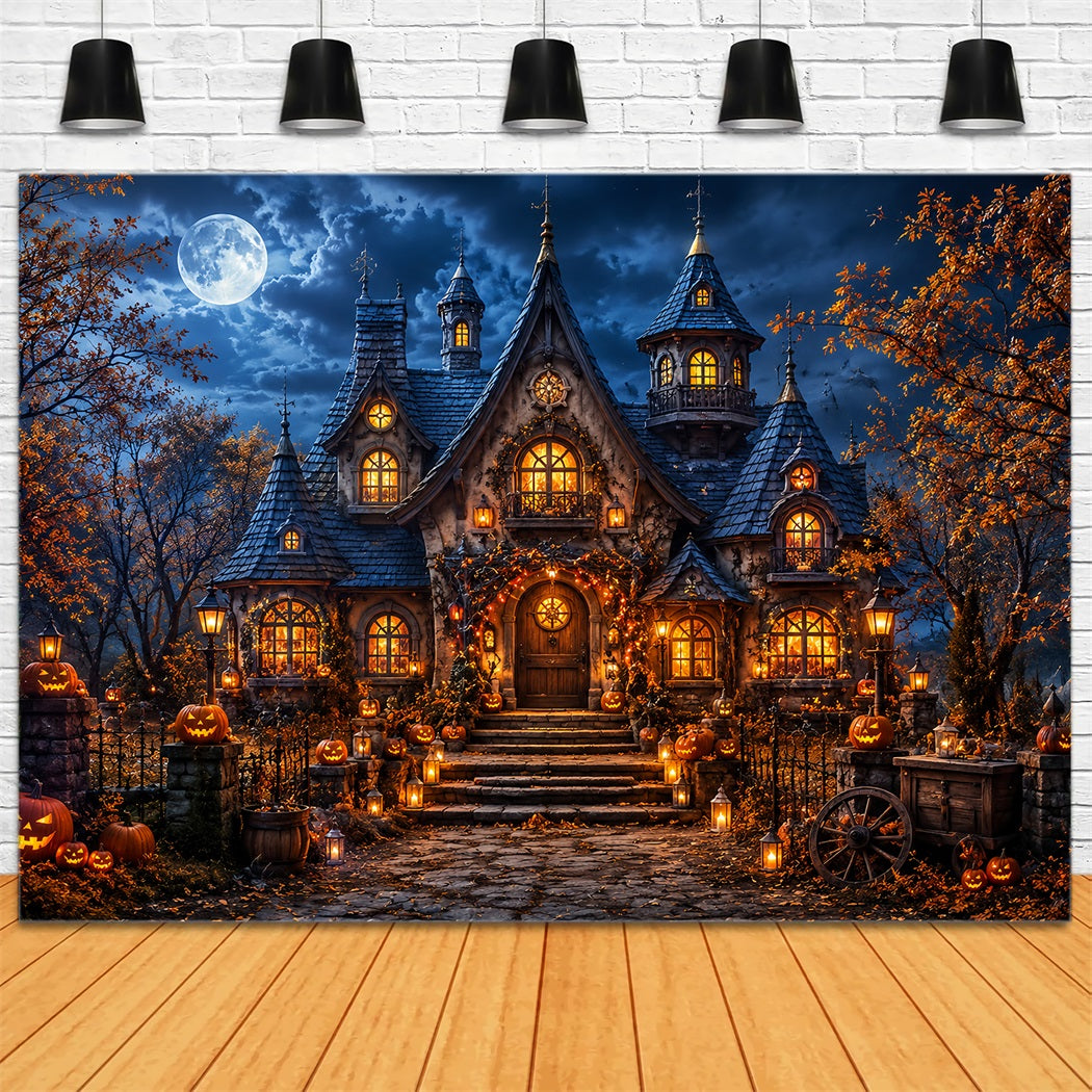 Herbstliche Halloween-Kulisse Mit Mondbeschienenen Kürbissen Laternen Und Gruseligen Halloween-Hintergründen LXX67-17