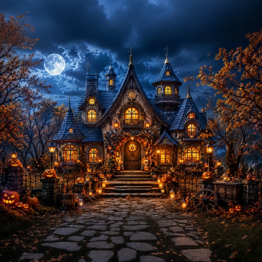 Herbstliche Halloween-Kulisse Mit Mondbeschienenen Kürbissen Laternen Und Gruseligen Halloween-Hintergründen LXX67-17