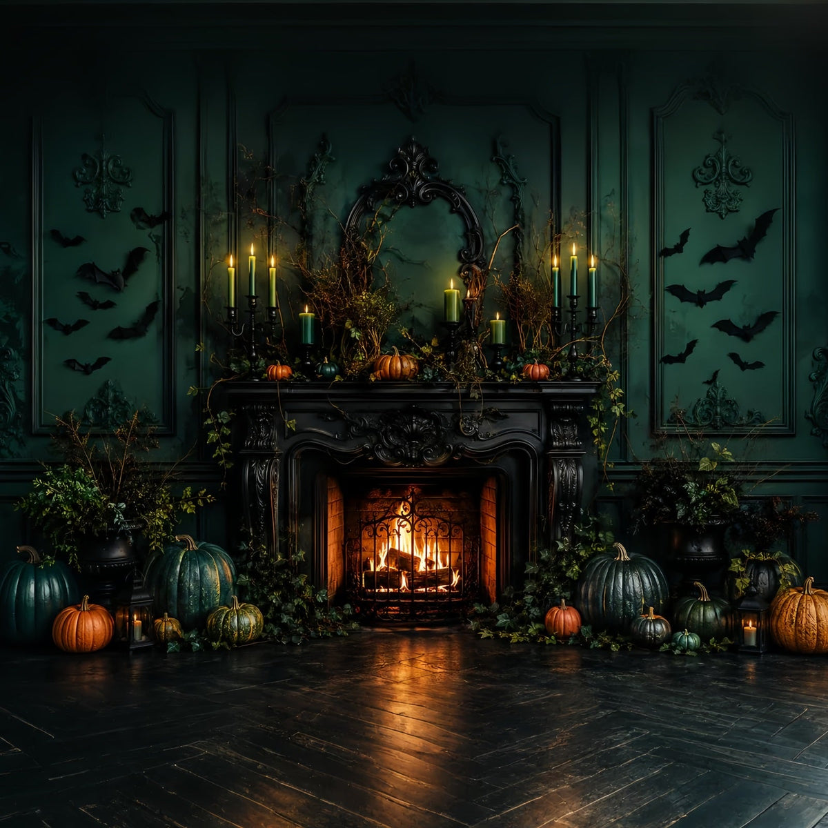 Gruselige Halloween-FotohintergründeSmaragdgrüner Kürbis-Kaminsims Happy Halloween Hintergrund LXX67-206