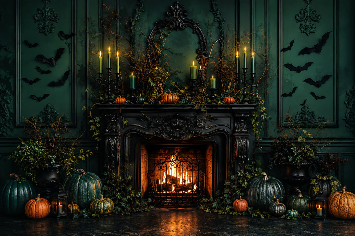 Gruselige Halloween-FotohintergründeSmaragdgrüner Kürbis-Kaminsims Happy Halloween Hintergrund LXX67-206