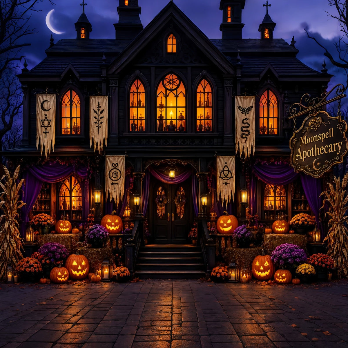 Halloween-FotohintergrundGotische Kürbis-Apothekerfassade Diy-Halloween-Fotohintergrund LXX67-209