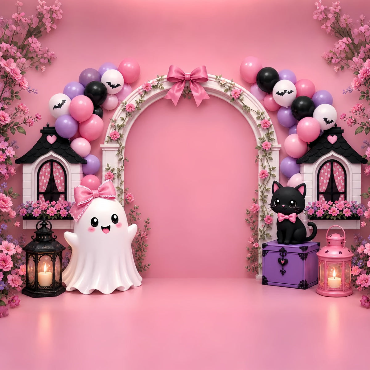 Kürbisbeet-Hintergrund Fliege Geist Katze Bogen Halloween-Fotohintergrund LXX67-213