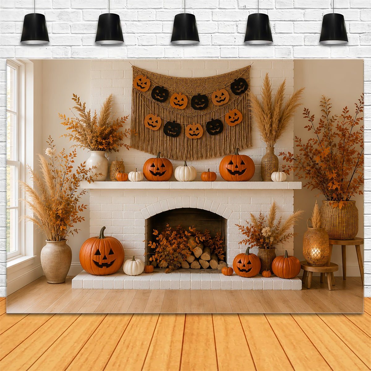 Kürbis-Hintergrund Herbstliche Gemütliche Kaminsims-Halloween-Hintergrundideen LXX67-216
