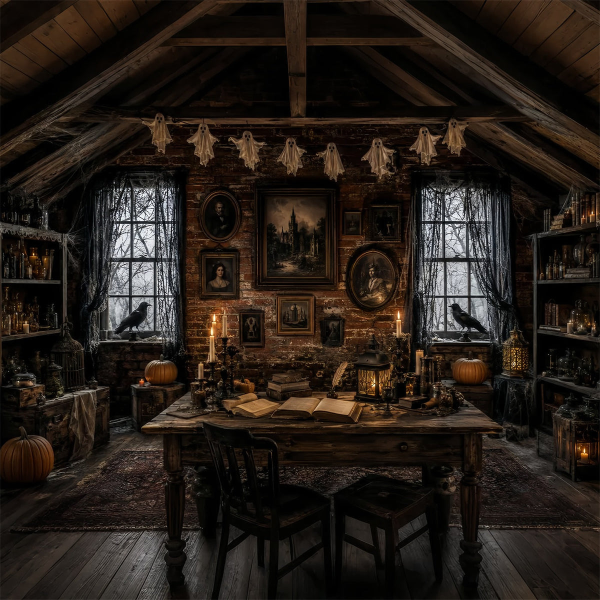 Spukhaus-Hintergründe Rabenporträt Im Kerzenlicht Dachboden-Hintergründe Für Halloween-Fotos LXX67-228