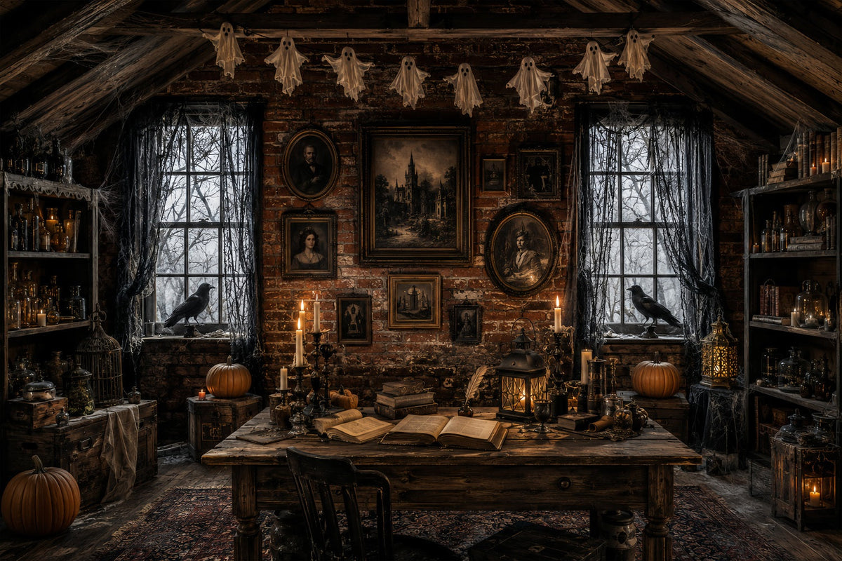 Spukhaus-Hintergründe Rabenporträt Im Kerzenlicht Dachboden-Hintergründe Für Halloween-Fotos LXX67-228