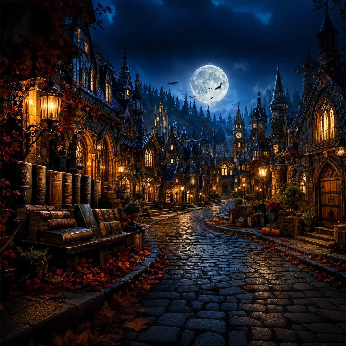 Halloweentown-Kulisse Mondbeschienene Gotische Buchhandlung Dorf Gruselige Halloween-Kulissen LXX67-236