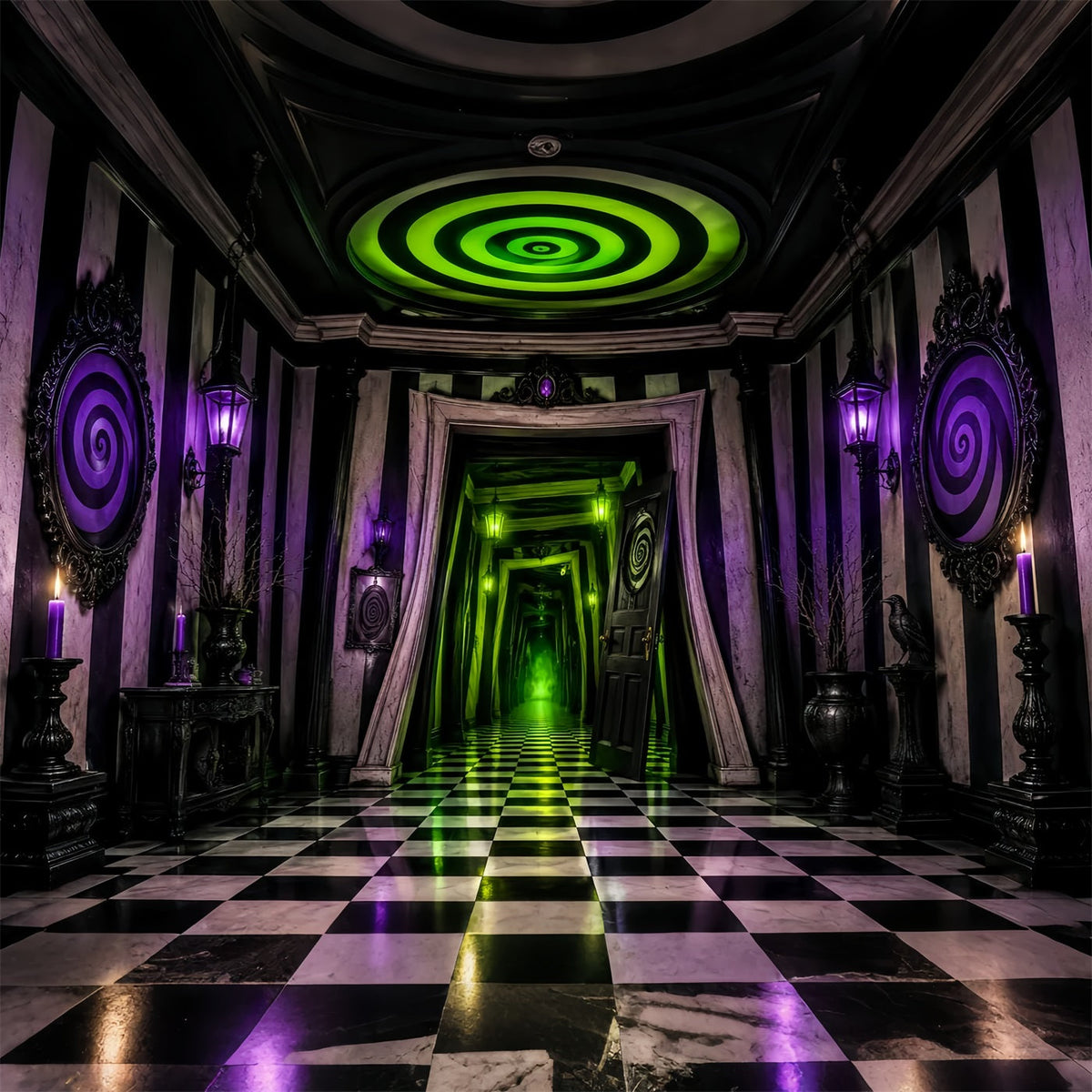 Gruselhaus-Hintergrund Neon-Spirale Karierter Korridor Gruselige Halloween-Hintergründe LXX67-252