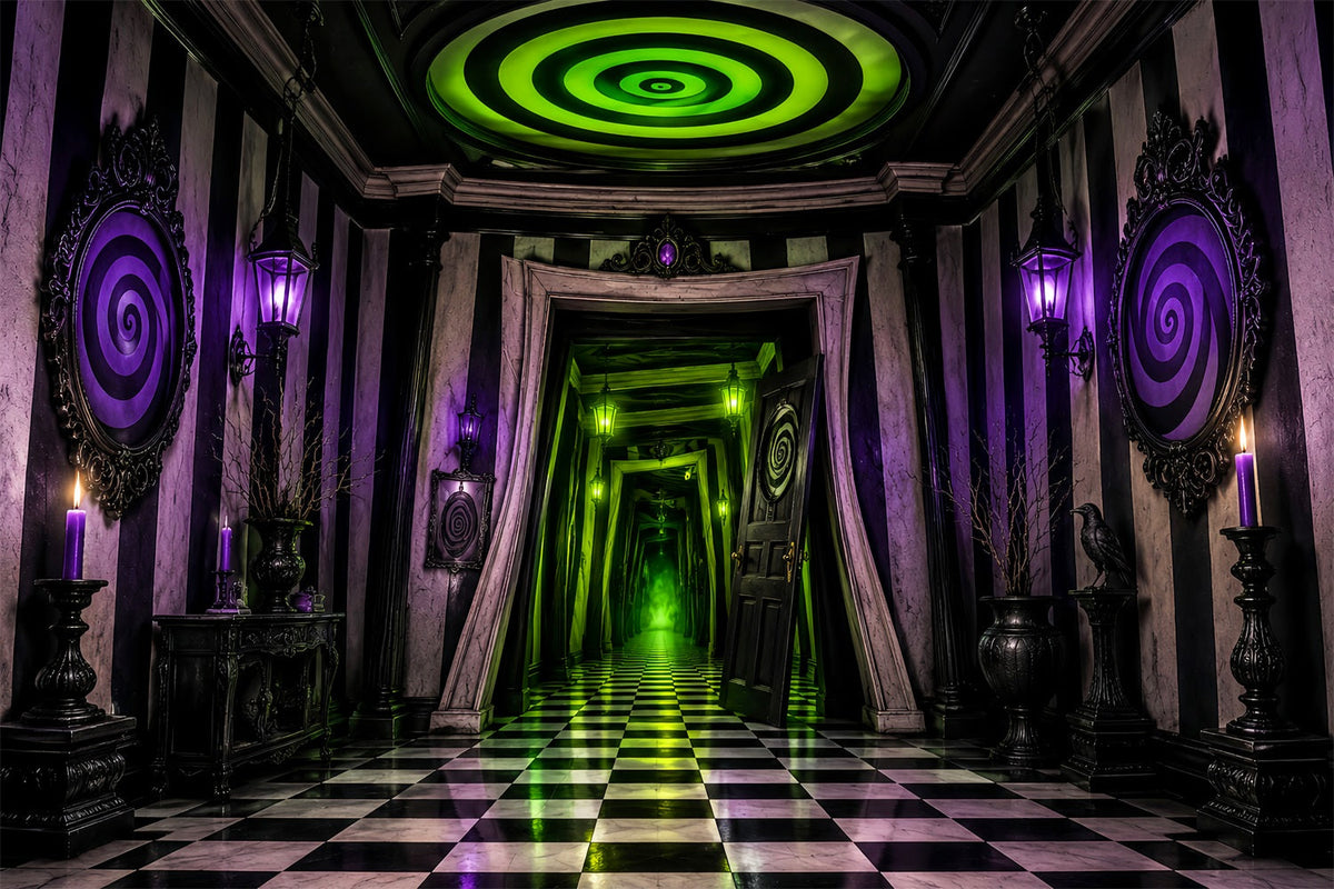 Gruselhaus-Hintergrund Neon-Spirale Karierter Korridor Gruselige Halloween-Hintergründe LXX67-252