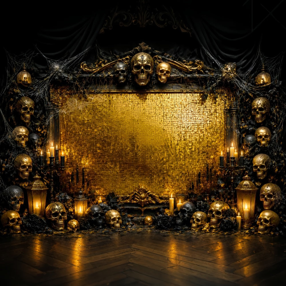Halloween-Fotohintergrund Mit Goldenem Totenkopf-Kerzenrahmen Halloween-Geburtstagshintergrund LXX67-27
