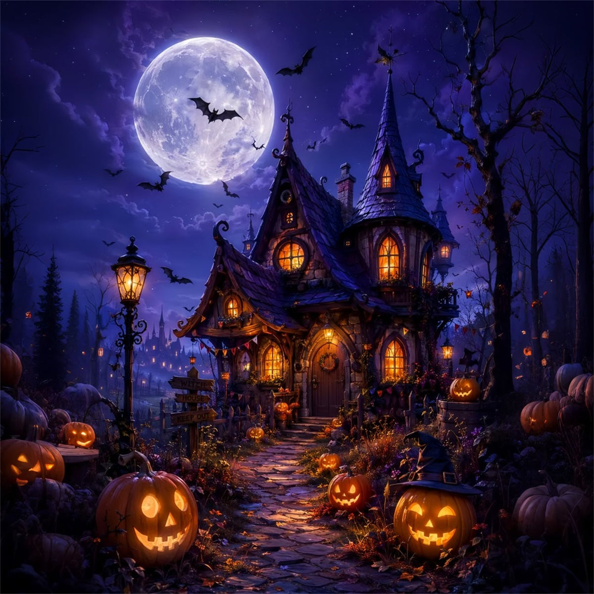Diy-Halloween-Hintergrundideen Mondbeschienene Hexenhütte Kürbisse Gruselige Hintergründe Für Halloween LXX67-33