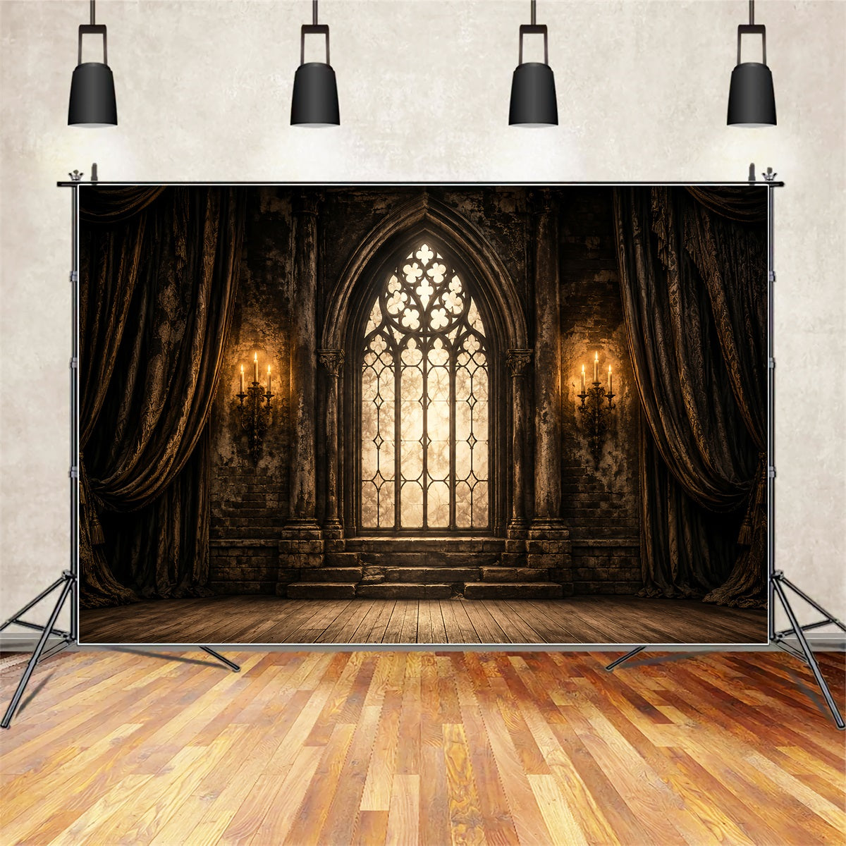 Halloween-Bühnenhintergrund Gotisches Kathedralenfenster Kerzen Halloween-Fotografie-Hintergründe LXX67-38