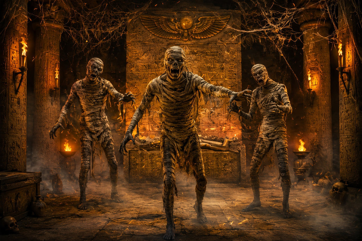 Halloween-Fotohintergrund Feuriges Grab Mumienangriff LXX67-4