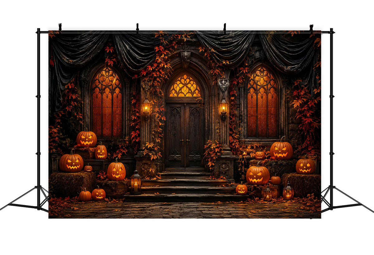 Niedliche Halloween-FotohintergrundkulisseGotischer Kürbis Herrenhaustür-Hintergrund Halloween LXX67-70