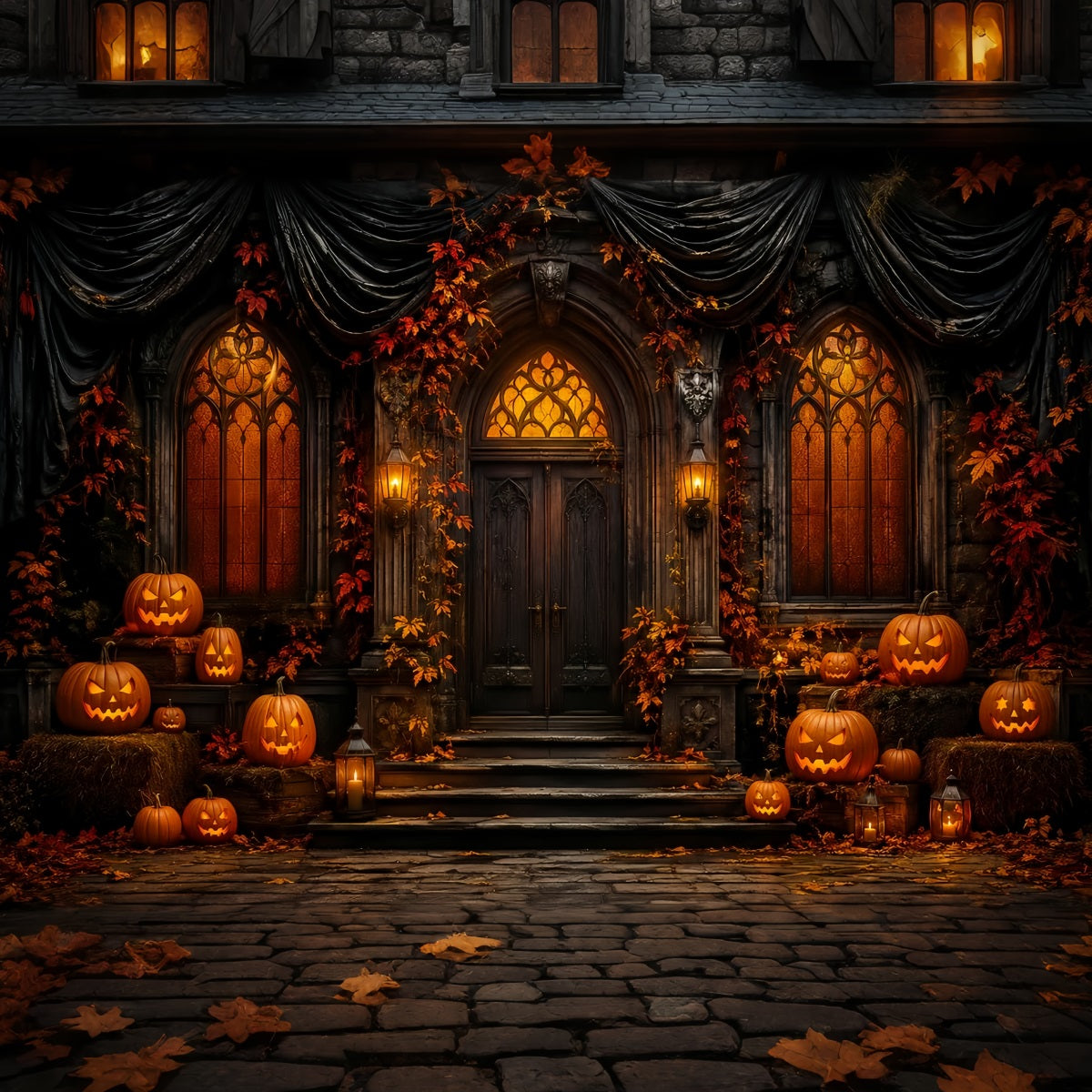 Niedliche Halloween-FotohintergrundkulisseGotischer Kürbis Herrenhaustür-Hintergrund Halloween LXX67-70