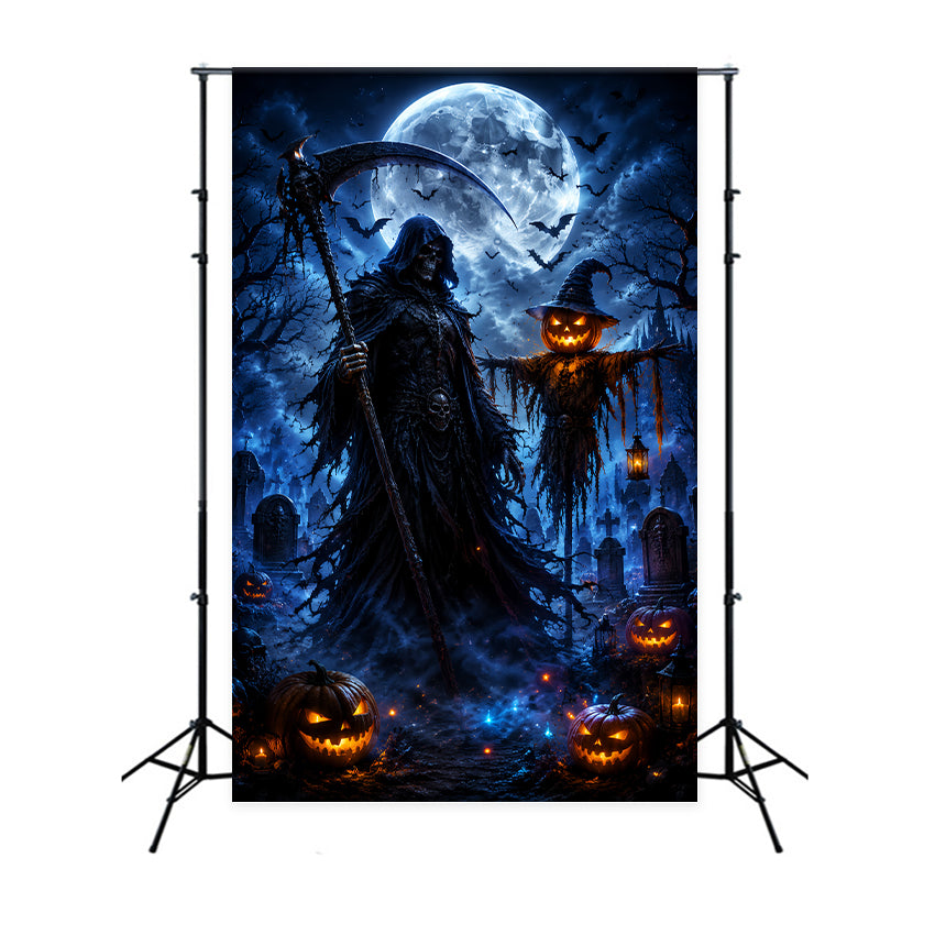Halloween-Hintergrund Mit Mond Sensenmann Vogelscheuche Und Friedhof Halloween-Fotohintergründe LXX67-8