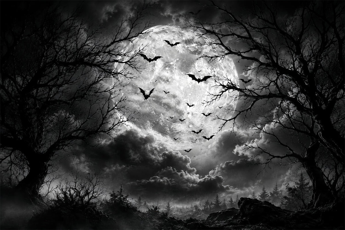 Halloween-Waldkulisse Monochrom Mond Fledermaus Wolken Vintage-Halloweenkulisse LXX67-88