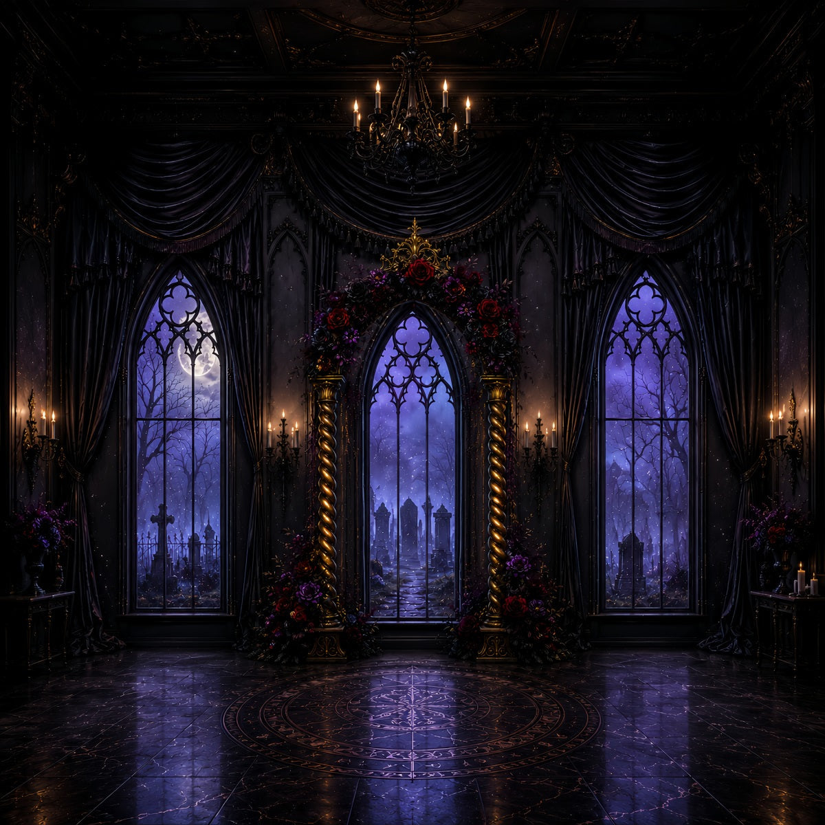 Halloween-Bogen-Hintergrund Gotisches Blumenfenster Große Halloween-Hintergründe LXX67-89