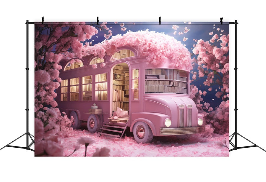 Blumen rund um ein mit Büchern gefülltes rosa Schulbus-Hintergrundbild M1-07