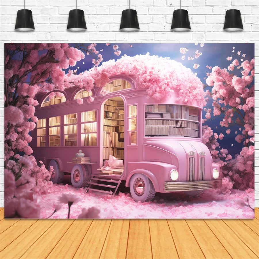 Blumen rund um ein mit Büchern gefülltes rosa Schulbus-Hintergrundbild M1-07