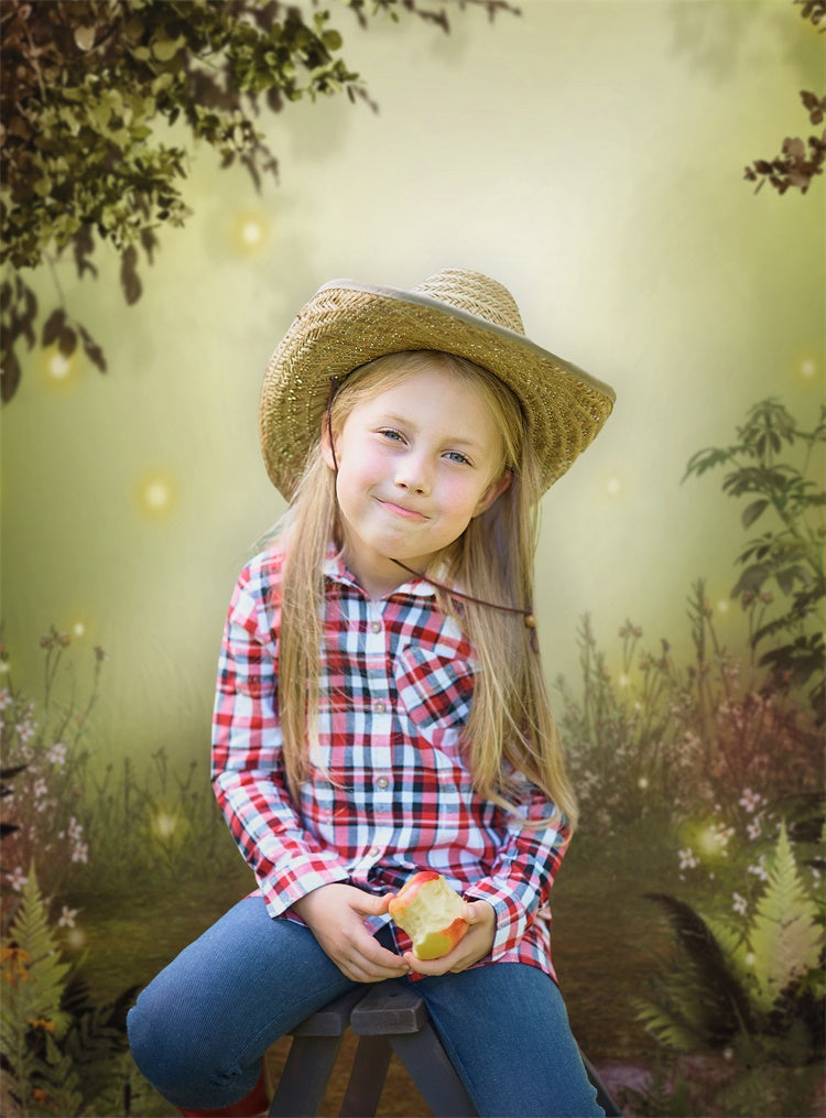 Hazy Misty Early Morning Wald mit Blumen Hintergrund M1-66