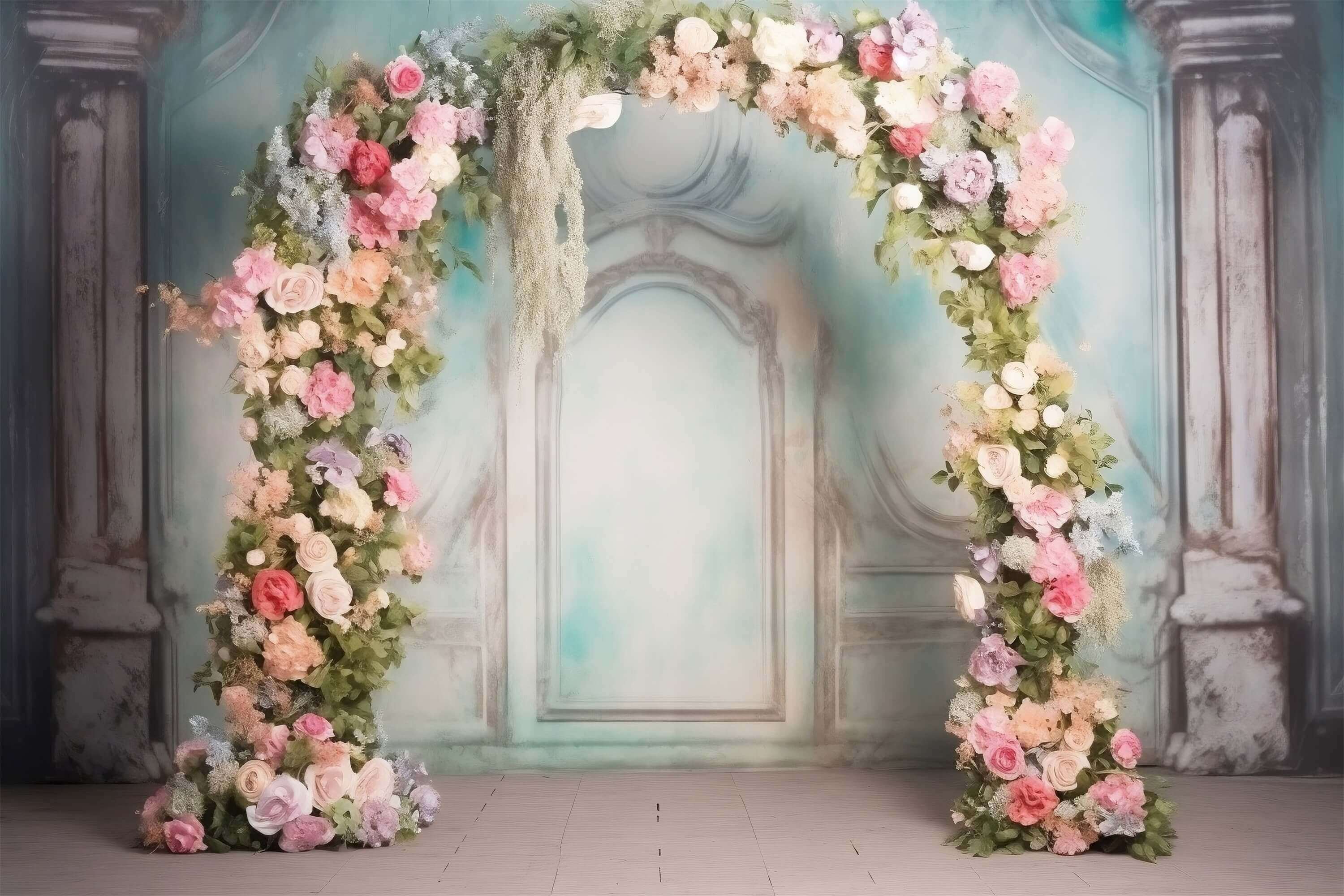 Handgemalte Linienskulptur Wand Römische Säule Blumenbogen Hintergrund M2-13