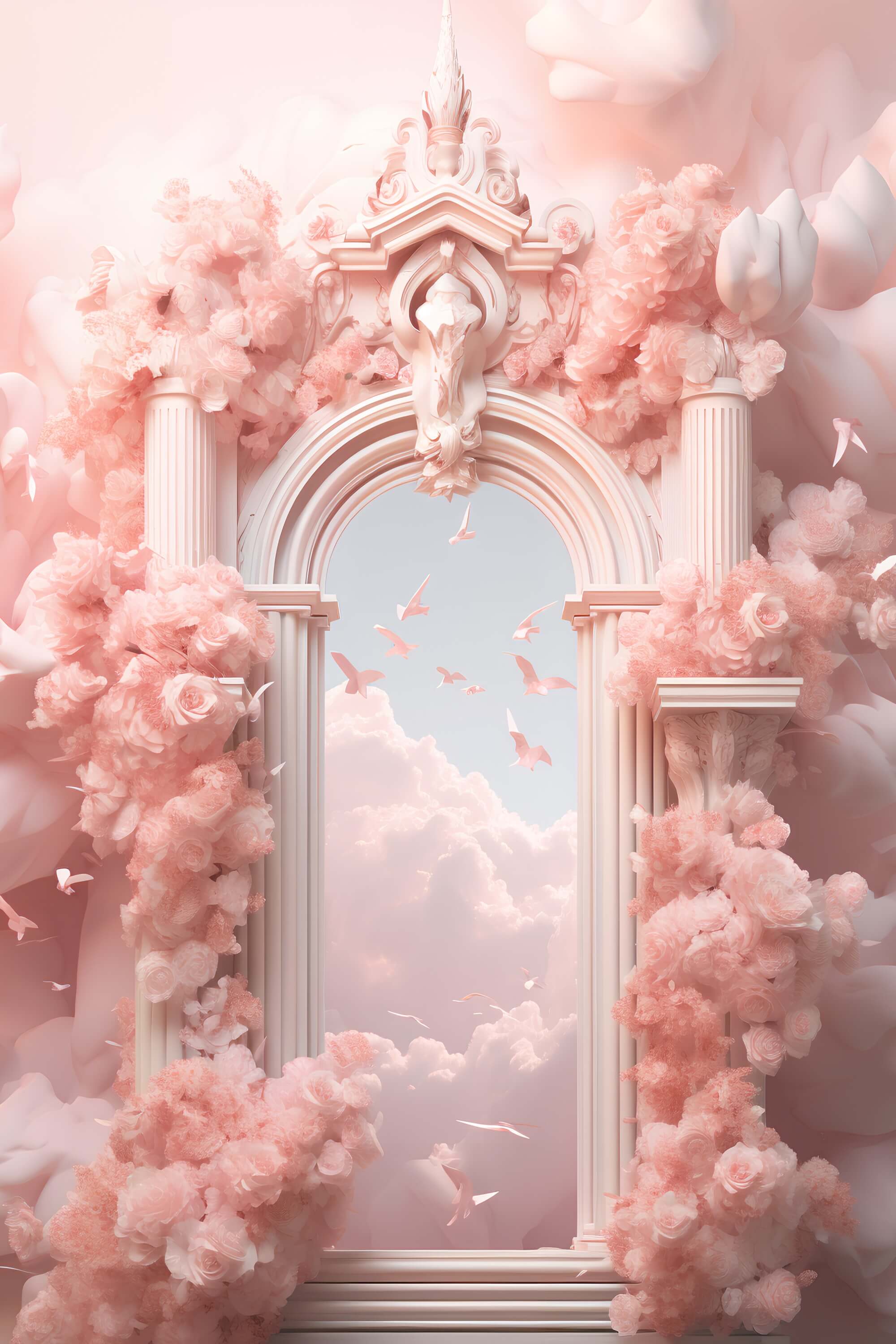 Dreamy Pink Blumen Wrapped Paradise Gate Wolken Flying Birds Hintergrund M2-14