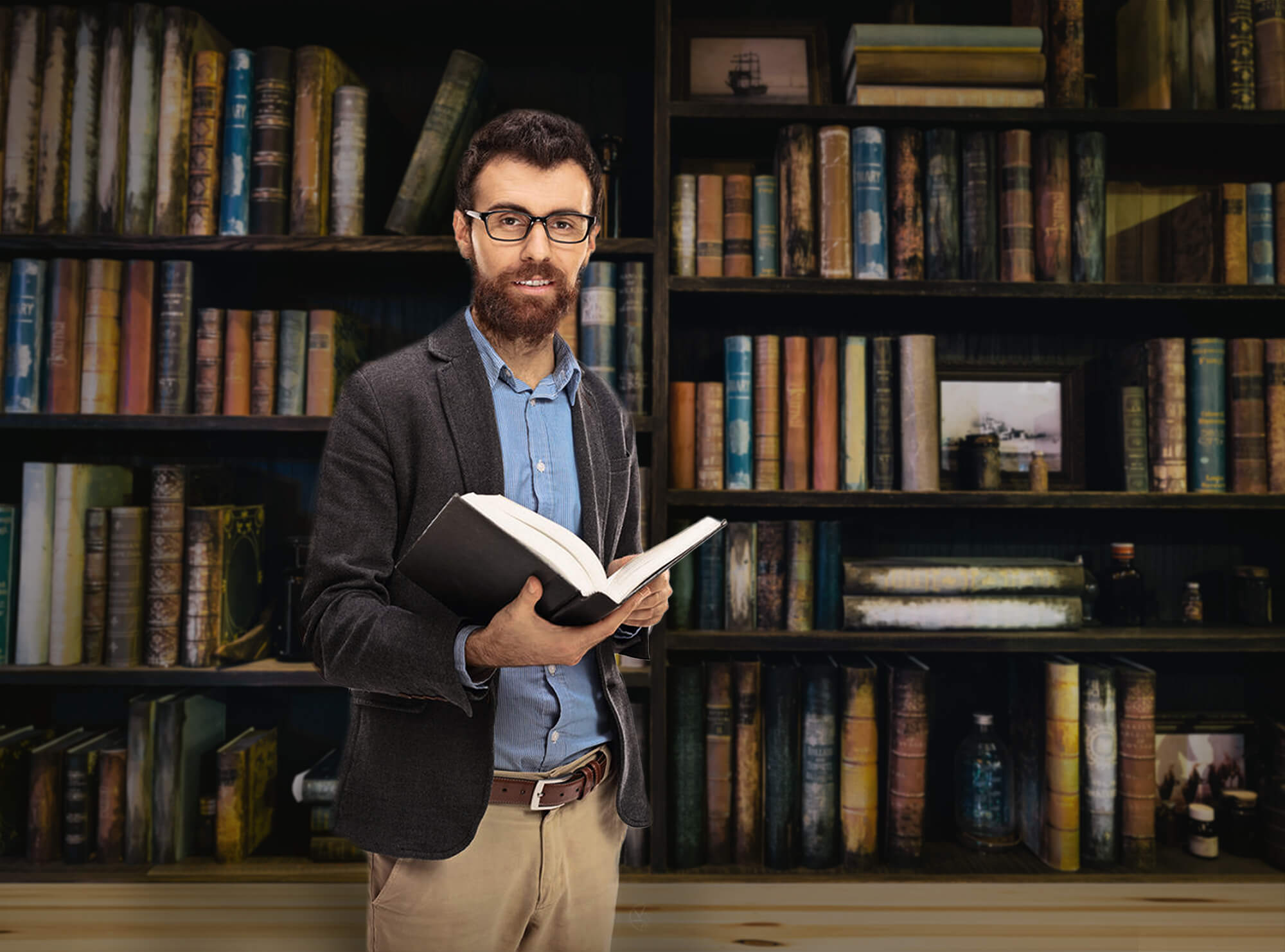 Vintage Holz Bücherregal Bibliothek Hintergrund M5-106