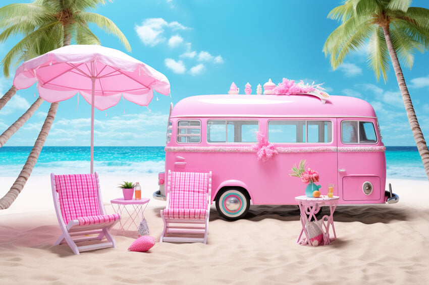 Sommer Mode Puppe Strand Rosa Bus Hintergrund M7-87