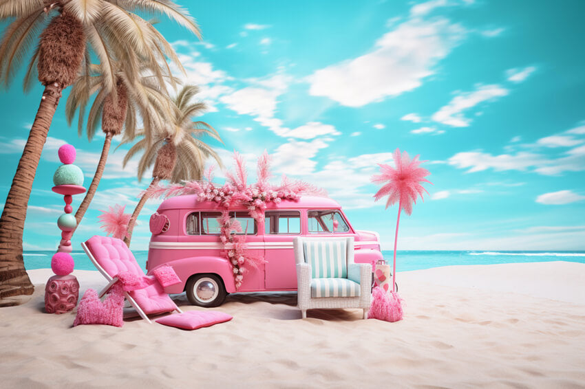 Mode Puppe Rosa Bus Strand Fotografie Hintergrund M7-88