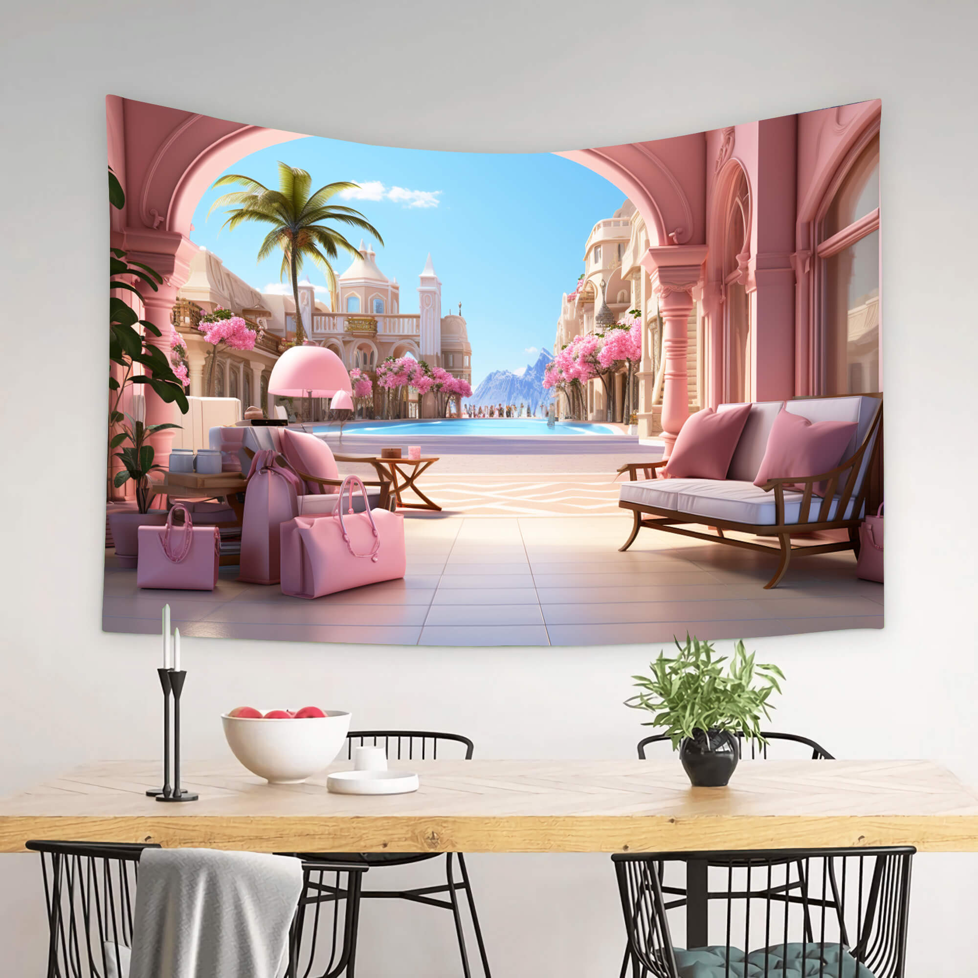 Rosa Urlaub Schloss Mode Puppe Kulisse M8-39