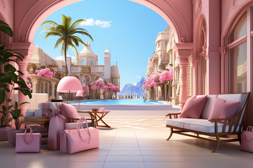 Rosa Urlaub Schloss Mode Puppe Kulisse M8-39