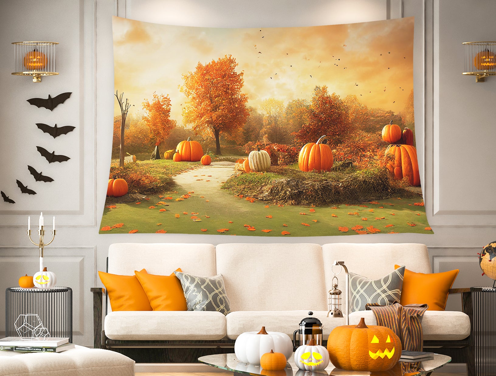 Herbstlandschaft Kürbis Wandteppich T-M8-46