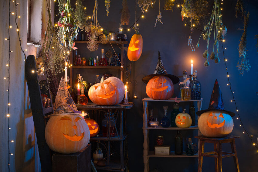 Halloween Kürbisse Lichter brennende Kerzen Kulisse M9-48