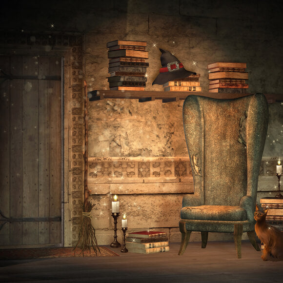 Wizard Kerzen Stuhl Katze Magie Bücher Backdrop M9-50