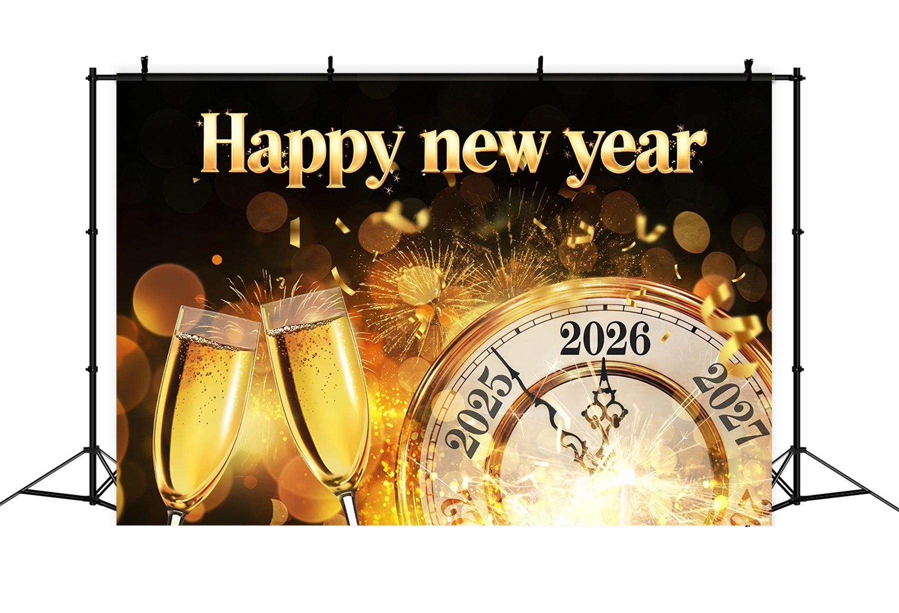 2026 Frohes Neues Jahr Hintergrund Goldene Uhr Mitternachts-Toast Neujahrshintergründe MRR10-11