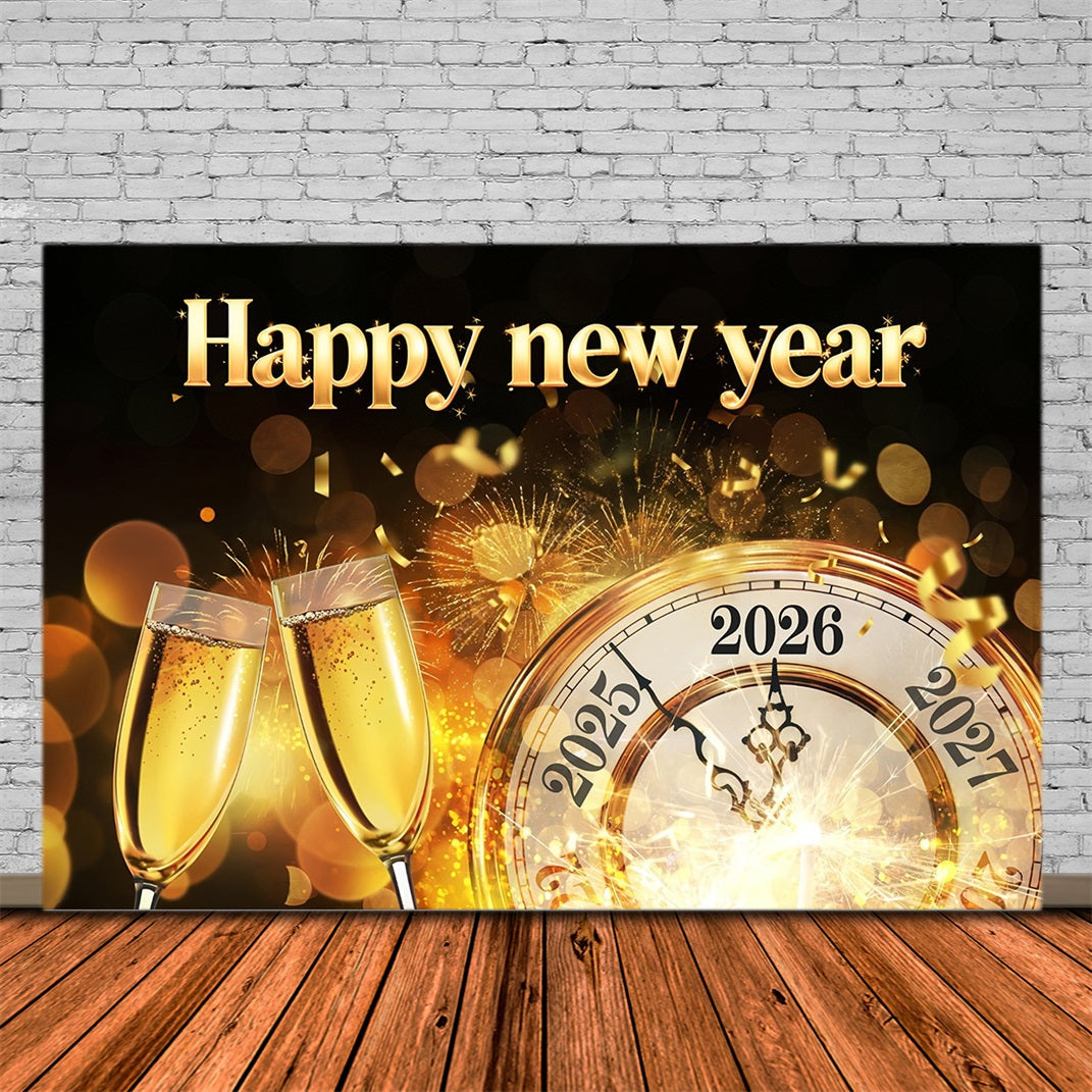2026 Frohes Neues Jahr Hintergrund Goldene Uhr Mitternachts-Toast Neujahrshintergründe MRR10-11