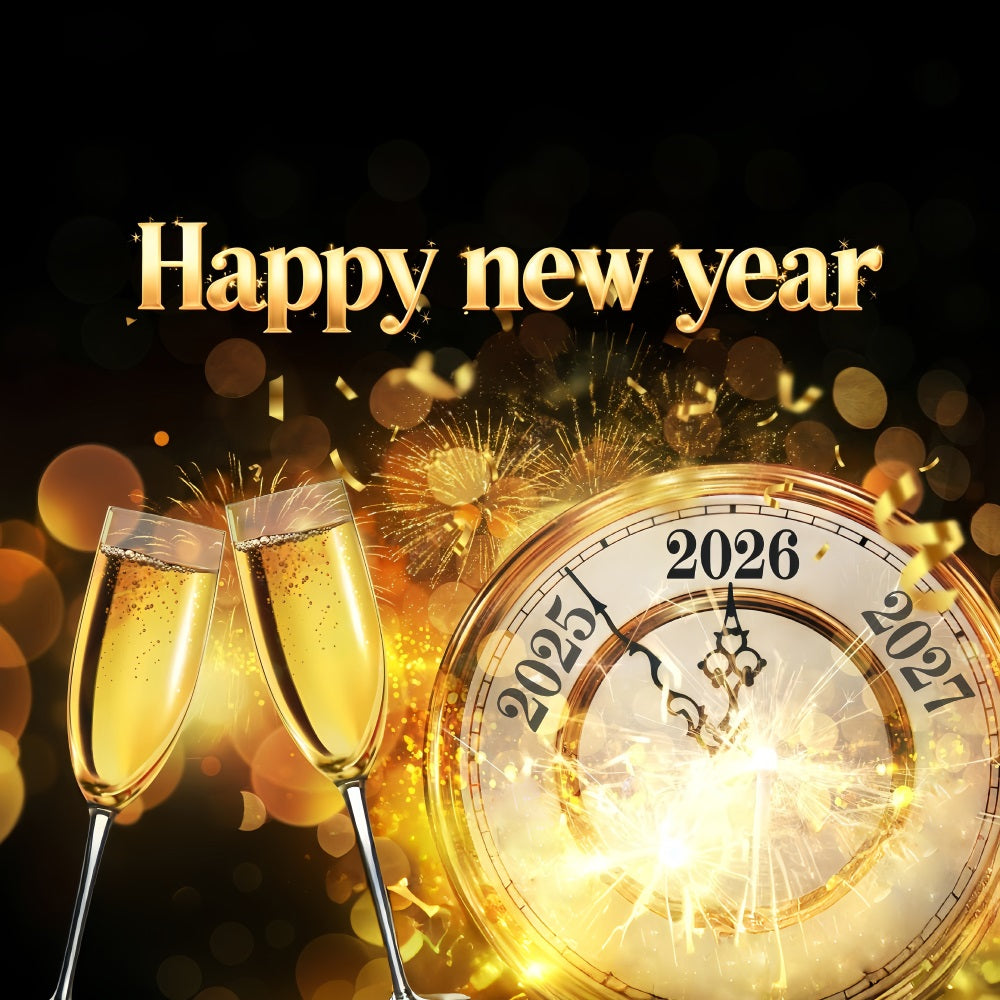 2026 Frohes Neues Jahr Hintergrund Goldene Uhr Mitternachts-Toast Neujahrshintergründe MRR10-11