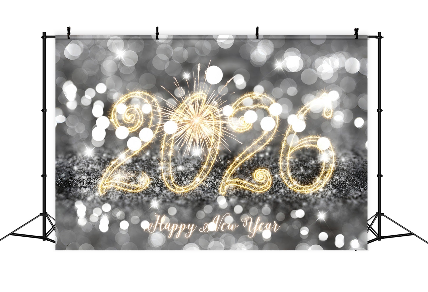 Frohes Neues Jahr 2026 Hintergrund Silber funkelnde Glitzerlichter Neujahrshintergrund MRR10-13