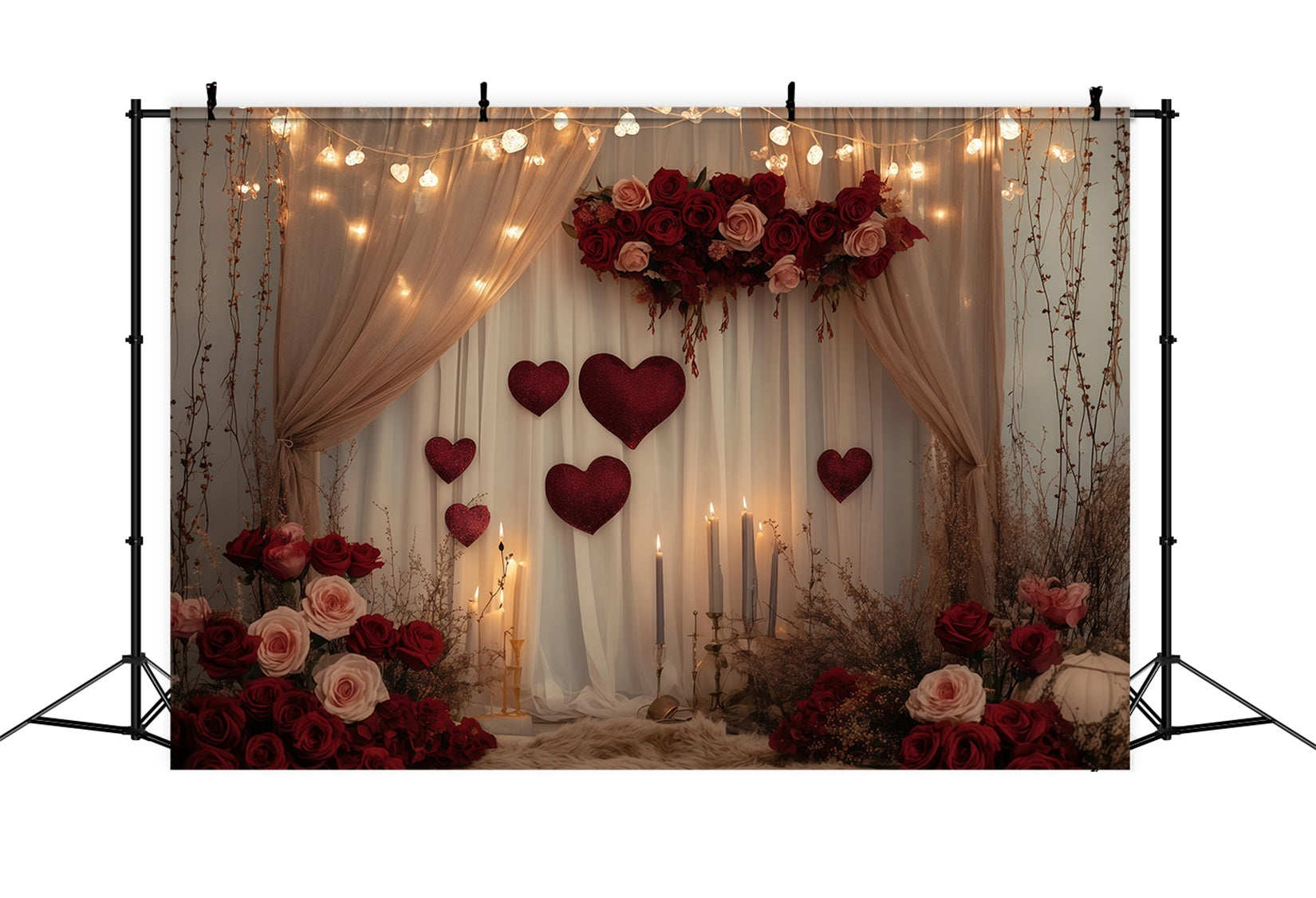 Valentinstag-Hintergründe Romantische Kerzen Rosenvorhänge Valentinstag-Hintergrund MRR11-102
