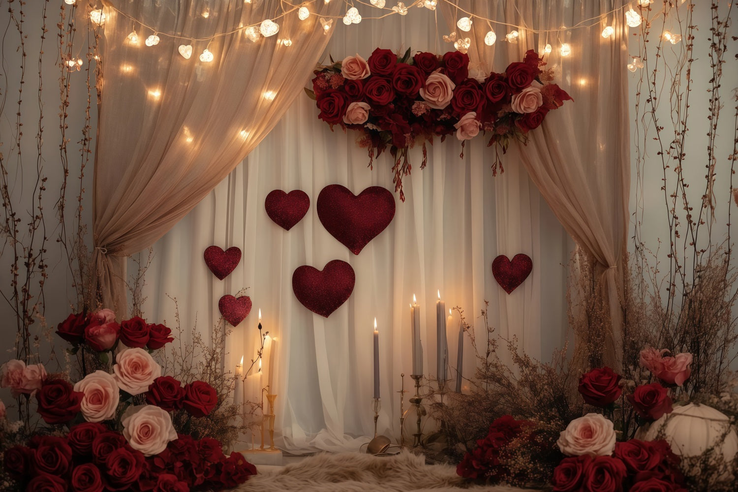 Valentinstag-Hintergründe Romantische Kerzen Rosenvorhänge Valentinstag-Hintergrund MRR11-102