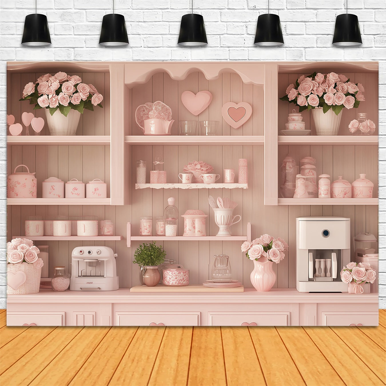Valentinstag-Kulisse „Pastel Heart Cozy Kitchen“ Valentinstag-Fotokulisse MRR11-106