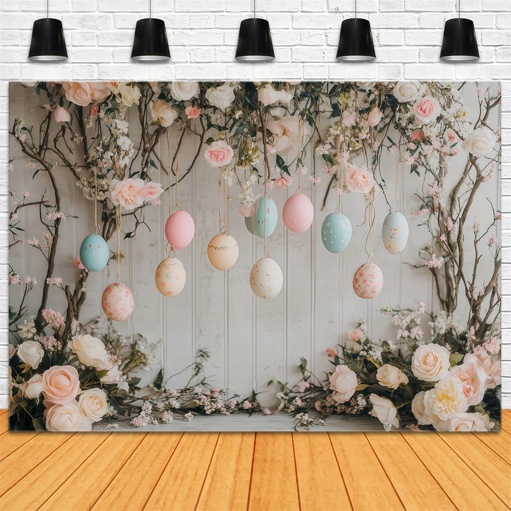 Oster-Eier-Hintergrund Hängende pastellfarbene Blüten-Eier Ideen für Oster-Hintergründe MRR11-76