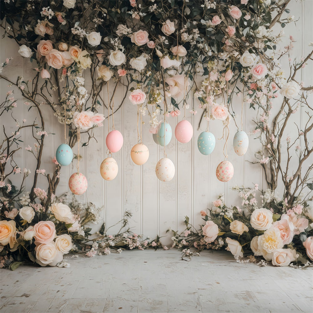 Oster-Eier-Hintergrund Hängende pastellfarbene Blüten-Eier Ideen für Oster-Hintergründe MRR11-76