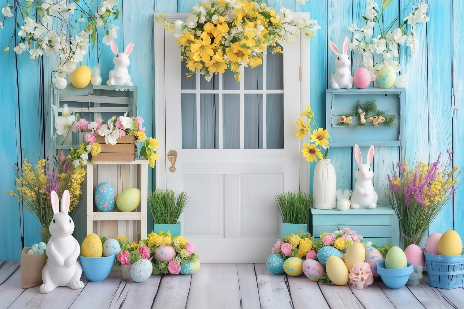 Osterfotografie-Hintergründe Vintage-Tür Blumen-Osterei-Hintergrund MRR11-90
